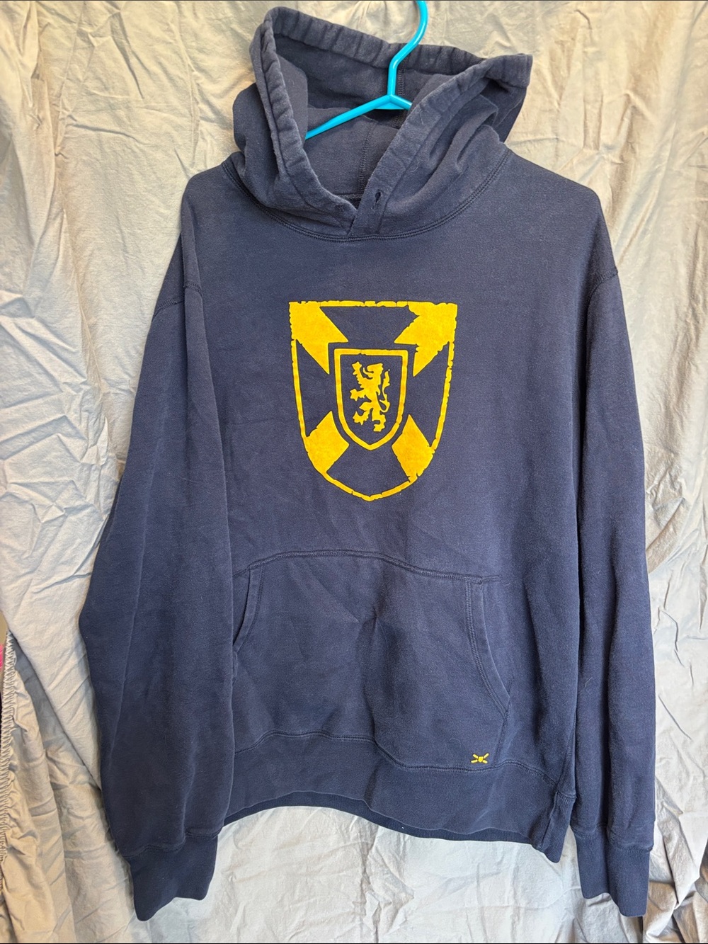 New Scotland Clothing Co. Navy Blue Hoodie with Yellow Velour Sheild
